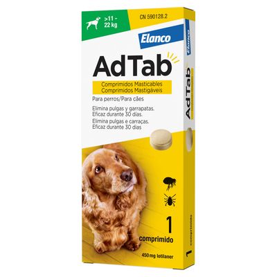 AdTab Elanco comprimidos masticables para perros 11–22 kg. Elimina pulgas y garrapatas, eficaz 30 días. 1 comprimido de 450 mg lotilaner. Imagen de perro en el envase.