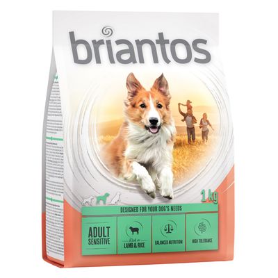 Briantos Adult Sensitive alimento para perros, 1 kg, con cordero y arroz, nutrición equilibrada, alta tolerancia.
