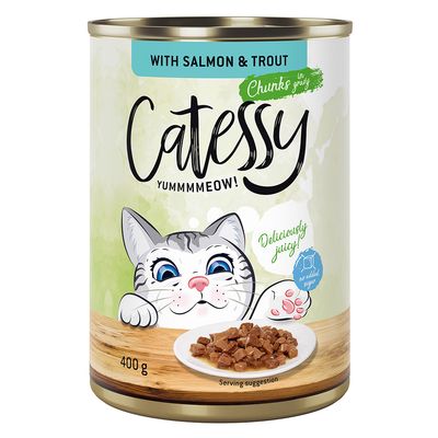 Catessy macskaeledel konzerv, 400 g, kacsával és májjal. Csomag: 24×400g. Feliratok: YUMMMEOW!, Deliciously juicy!, no added sugar.