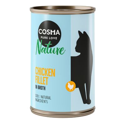 Cosma Nature pechuga de pollo en caldo, 100% ingredientes naturales. Lata con silueta de gato negro y fondo azul.
