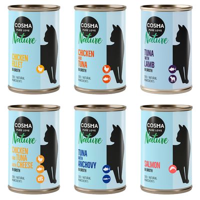 Pack de 12 latas de 140 g Cosma Pure Love Nature Chicken Fillet in Broth, 100% natural ingredients. Imagen de lata con silueta de gato y texto en inglés.