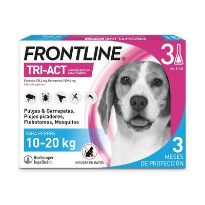 Frontline Tri-Act solución spot-on para perros de 10-20 kg. Protección contra pulgas, garrapatas y mosquitos. No apto para gatos. Protección durante 3 meses. Boehringer Ingelheim.