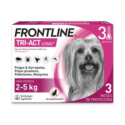 Frontline Tri-Act solución Spot-On para perros de 2-5 kg. Protección contra pulgas, garrapatas, mosquitos y flebotomos. No apto para gatos. Protección de 3 meses. Fabricante: Boehringer Ingelheim.
