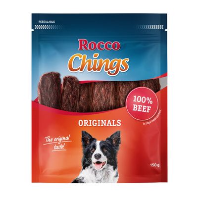 Rocco Chings Originals, 100% csirkemell csíkok, 250g. Csomagolás kutyaképpel és visszazárható kialakítással.