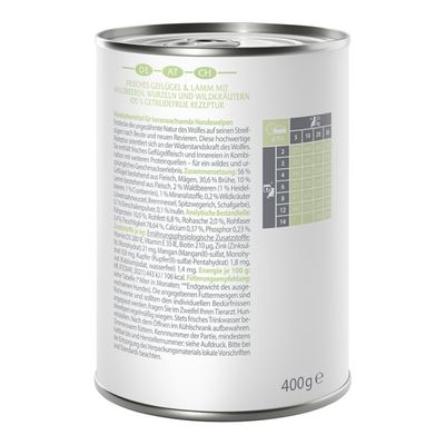 Limenka sa svježom peradi i janjetinom, šumskim bobicama, korijenjem i divljim biljem. 100% recept bez žitarica. Prikazana tablica hranjenja za štence. Težina: 400g.