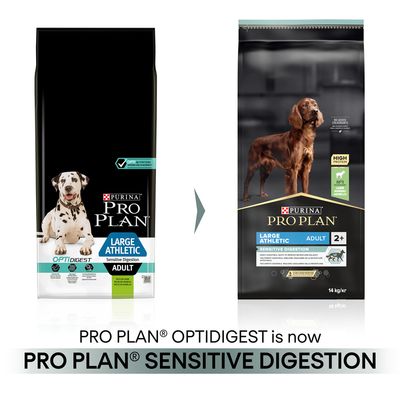 Purina Pro Plan Large Athletic Adult kutyatáp csomagolásváltás: Optidigest helyett Sensitive Digestion, 14 kg-os kiszerelés, látható márkanév és terméknév mindkét csomagon.