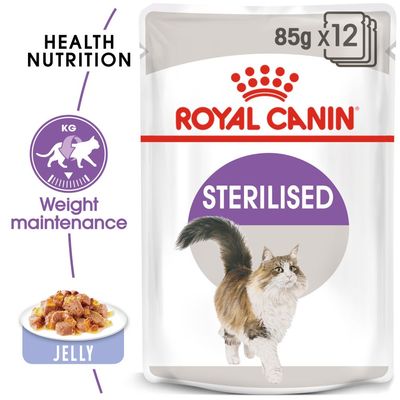 Royal Canin STERILISED macskaeledel, 85 g x12 tasak, jelly állag, Weight maintenance, Health Nutrition feliratok láthatók a csomagoláson.