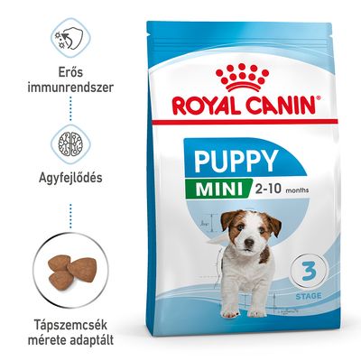 Royal Canin Puppy Mini 2–10 months kutyatáp csomagolás, erős immunrendszer, agyfejlődés, táp szemcseméret adaptált feliratokkal és három tápdarab képe.