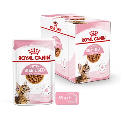 Royal Canin Kitten Sterilised 6-12 hónapos, nedves macskaeledel, 12 x 85 g tasakos csomag.