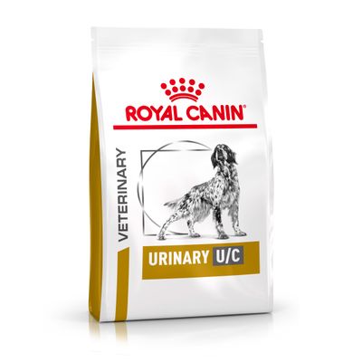 Royal Canin Veterinary Urinary U/C, csomagolás kutyaképpel és aranyszínű dizájnnal.