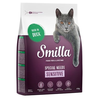 Smilla Special Needs Sensitive hrana za mačke, bogata patkom, bez žitarica, s taurinom, omega masnim kiselinama i Yucca Schidigera. Višekratna ambalaža, 4 kg, proizvedeno u Njemačkoj.
