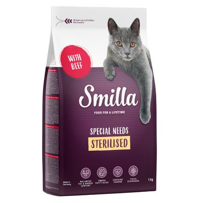 Smilla Special Needs Sterilised hrana za mačke s govedinom, ponovno zatvorivo pakiranje, sadrži taurin, omega masne kiseline, Yucca Schidigera, uravnotežen udio masti i energije, 1 kg.