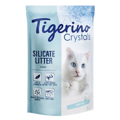 Tigerino Crystals Silicate Litter Classic, Sensitive, 5L. Features: lightweight, stops odours, inhibits bacterial growth, dust-free.