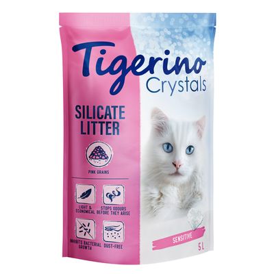 Tigerino Crystals Silicate Litter, pink grains, sensitive, 5L. Features: lightweight & economical, stops odours, inhibits bacterial growth, dust-free.