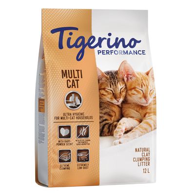 Tigerino Performance Multi Cat cat litter, ultra hygienic for multi-cat households, with baby powder scent, active odour control, strong clumping, low dust, 12L.
