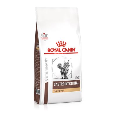 Royal Canin Veterinary Gastrointestinal Hairball macskaeledel, barna és arany színű csomagolás, macska látható. Veterinary Nutrition logó látható.