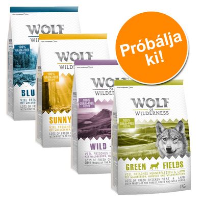 Wolf of Wilderness kutyatáp csomagok: Blue, Sunny, Wild, Green Fields. 100% grain-free recipe. Próbálja ki! felirat narancssárga körben.