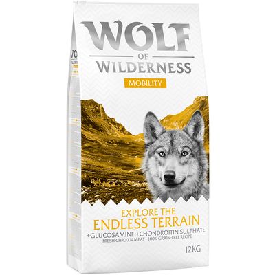 Wolf of Wilderness Mobility kutyatáp, Explore the Endless Terrain, glükózaminnal és kondroitin-szulfáttal, friss csirkehússal, 100% gabonamentes receptúra, 12 kg csomag.