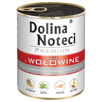 Dolina Noteci Premium, marhahúsban gazdag. Teljes értékű eledel felnőtt kutyáknak barna rizzsel, bazsalikommal, sárgarépával és lenolajjal. Dolina Noteci Premium, marhahúsban gazdag. Teljes értékű eledel felnőtt kutyáknak barna rizzsel, bazsalikommal, sárgarépával és lenolajjal.