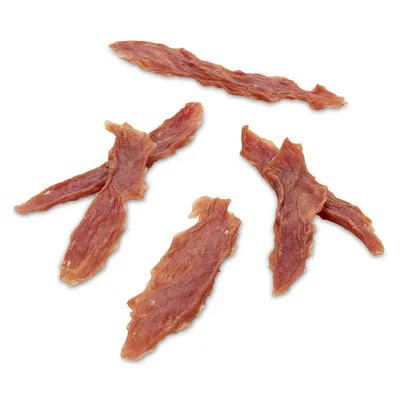 Szárított húscsíkok, vörösbarna szín, öt darab látható. Alkalmas snacknek vagy jutalomfalatnak háziállatok számára. Szárított húscsíkok, vörösbarna szín, öt darab látható. Alkalmas snacknek vagy jutalomfalatnak háziállatok számára.