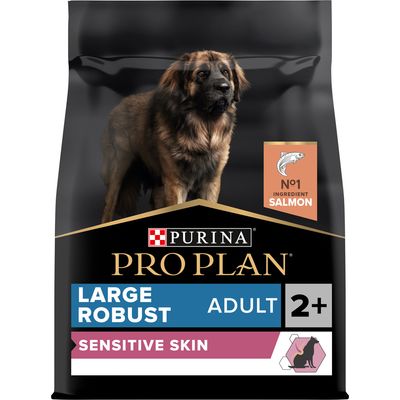Purina Pro Plan Large Robust Adult 2+ Sensitive Skin, No1 Ingredient Salmon feliratú kutyatáp csomagolás nagytestű kutya képével.
