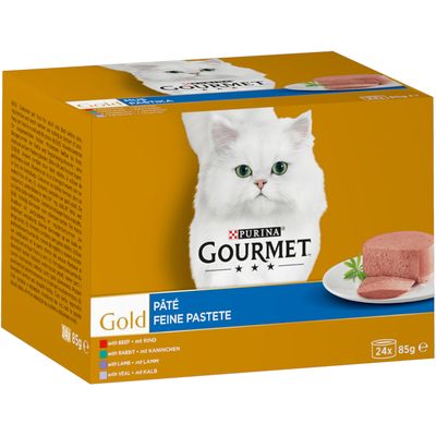 Purina Gourmet Gold Pâté fina pasteta, 24x85g, variedades: ternera, conejo, cordero, ternera blanca. Envase con gato blanco y pasteta en plato.