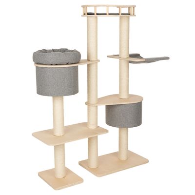 Cat tree made of wood with multiple levels, sisal-wrapped posts, padded lying areas and caves in grey fabric.