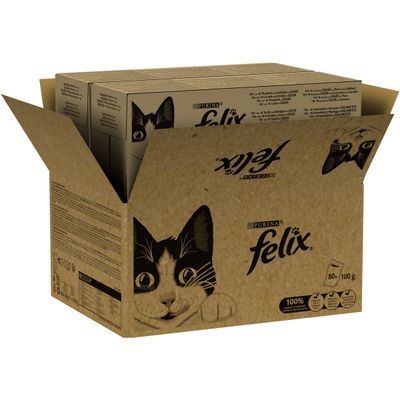 Caja de Felix con ilustración de gato, incluye 80 sobres de 100 g cada uno. Variedades: atún y bacalao en gelatina, gambas y solla en gelatina, pollo y riñón en salsa, pato y cordero en salsa.