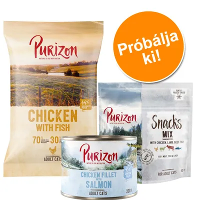 Purizon macskaeledel csomag: Chicken with Fish száraztáp, Chicken Fillet with Salmon konzerv, Snacks Mix jutalomfalat. Narancssárga körben: Próbálja ki! Purizon macskaeledel csomag: Chicken with Fish száraztáp, Chicken Fillet with Salmon konzerv, Snacks Mix jutalomfalat. Narancssárga körben: Próbálja ki!