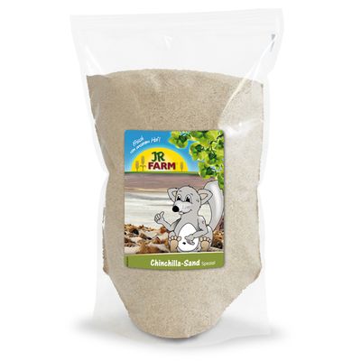 JR Farm Chinchilla Sand Spezial, packaging with drawing of a chinchilla and text 'Frisch vom eigenen Hof'.