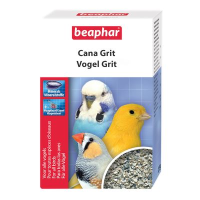 Beaphar Cana Grit arena para aves. Minerales para todas las aves. Imagen de periquito, canario, diamante cebra y gravilla.