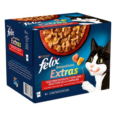 Purina felix Sensations Extras macskaeledel válogatás, 24 tasakos csomag, látható ízek: marha, pulyka, csirke, bárány. Felirat: GESCHMACKSVIELFALT VOM LAND.