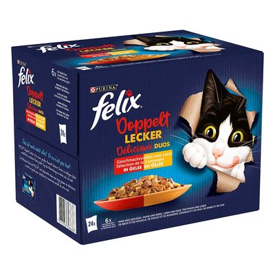 Purina felix Doppelt Lecker Duos macskaeledel, 24x tasak, válogatott ízek zselében. Csomagoláson fekete-fehér macska és tál étel látható. Német nyelvű feliratok.