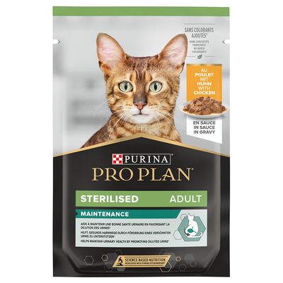 Purina Pro Plan Sterilised Adult Maintenance with chicken in gravy. Supports healthy urinary tract by promoting diluted urine. No added colourants.