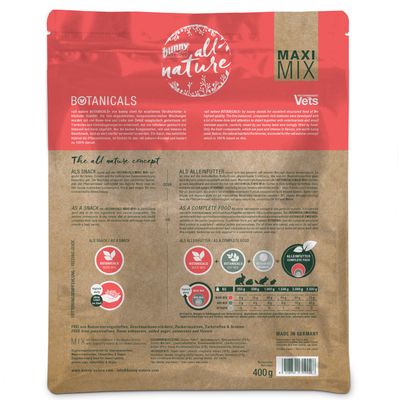 bunny all nature Botanicals Maxi Mix, 400 g. Etetési útmutató testsúly szerint: 250 g-tól 2 500 g-ig. Made in Germany. Látható összetevők és tanúsítvány ikonok.