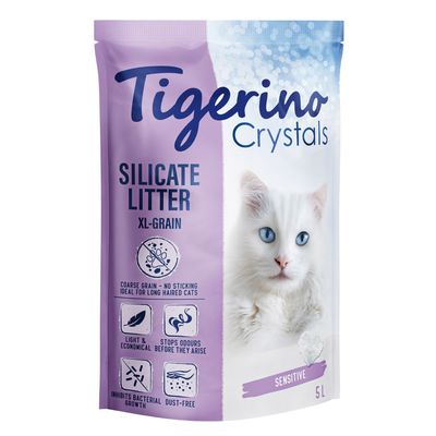 Tigerino Crystals Silicate Litter XL-Grain, Sensitive, 5L. Features: coarse granules, lightweight & economical, odour-inhibiting, antibacterial, dust-free. Ideal for long-haired cats.