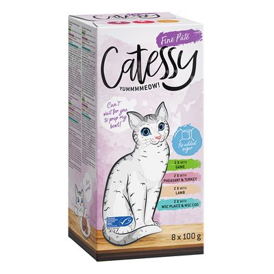 Catessy Fine Paté, 800 g-os doboz és 100 g-os tálka. Fajták: borjú és szárnyas, pulyka, marha. Hozzáadott cukor nélkül. Macska illusztráció a csomagoláson.