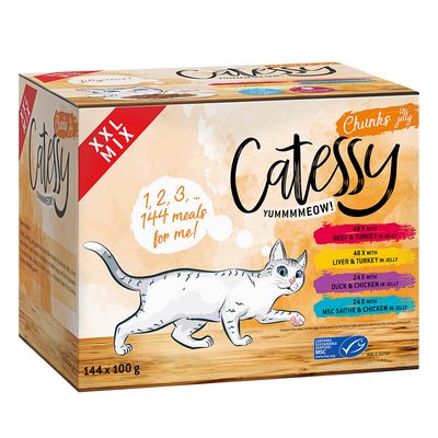 Catessy XXL Mix, 144x100g. Fajták: marha és pulyka, máj és pulyka, kacsa és csirke, MSC alaszkai tőkehal és csirke zselében. Tanúsított fenntartható MSC tenger gyümölcsei.
