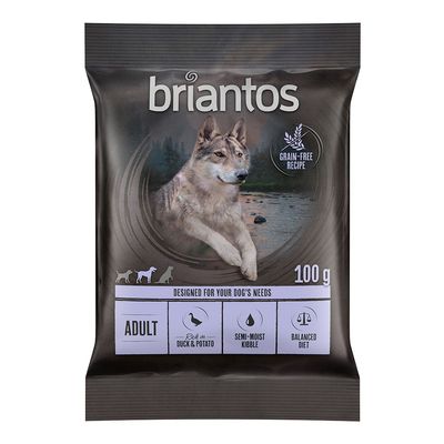 Briantos Adult comida para perros, 100 g, receta sin cereales, rica en pato y patata, croquetas semihúmedas, alimentación equilibrada.