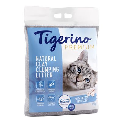Natural clay clumping litter with Febreze freshness, fast odour control, immediate clumping, extremely low dust, cotton fresh scent, 12kg bag. Essential features shown on packaging.