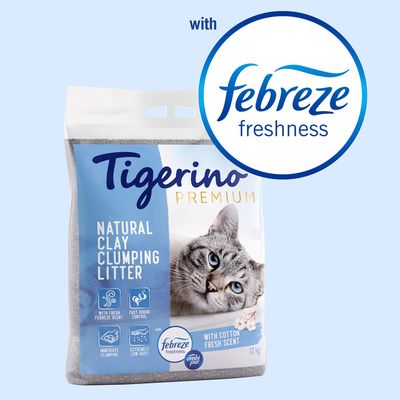 Natural clay clumping litter with Febreze freshness, fast odour control, immediate clumping, extremely low dust, cotton fresh scent, 12kg bag. Essential features shown on packaging.