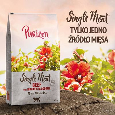 Purizon Single Meat Beef with Hibiscus Blossoms, 6,5 kg. Tylko jedno źródło mięsa. 70 % mięsa, 30 % warzyw, 0 % zbóż. Opakowanie z czerwonymi kwiatami hibiskusa.