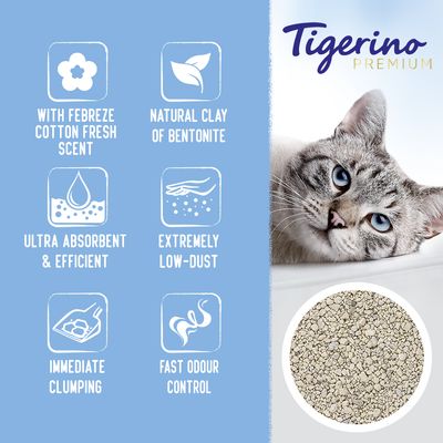 Product features: Febreze cotton fresh scent, natural clay of bentonite, ultra absorbent and efficient, extremely low-dust, immediate clumping, fast odour control.