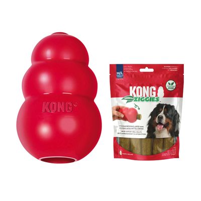 Juguete de goma roja KONG con inscripción 'KONG' visible. Esquina superior derecha con texto: Top ventas.
