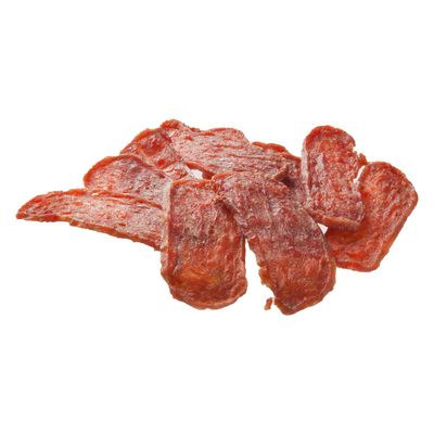 Getrocknete Fleischstreifen, rotbraune Farbe, geeignet als Snack oder Belohnung für Haustiere.