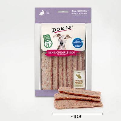 Dokas suszone mięso z królika, 100% królik, certyfikat dobrostanu zwierząt, kawałki ok. 11 cm.