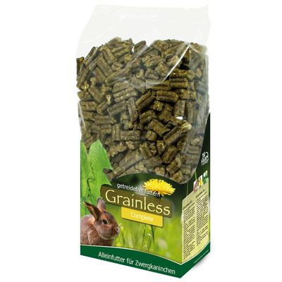 Gabona nélküli teljes értékű eledel törpenyulaknak, Grainless Complete márka. A csomagoláson pellet és pitypangmintás nyúl látható.