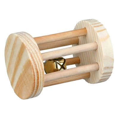 Juguete de madera con forma cilíndrica y campana dorada integrada, adecuado para mascotas para jugar.