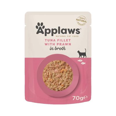 Applaws natural cat food, tuna fillet with prawn in broth, 100% natural ingredients, 70g pouch shown with visible product inside.