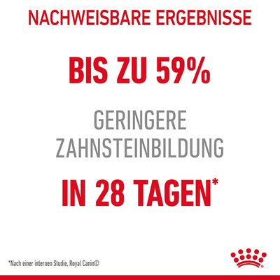 Nachweisbare Ergebnisse: Bis zu 59% geringere Zahnsteinbildung in 28 Tagen laut interner Studie von Royal Canin.